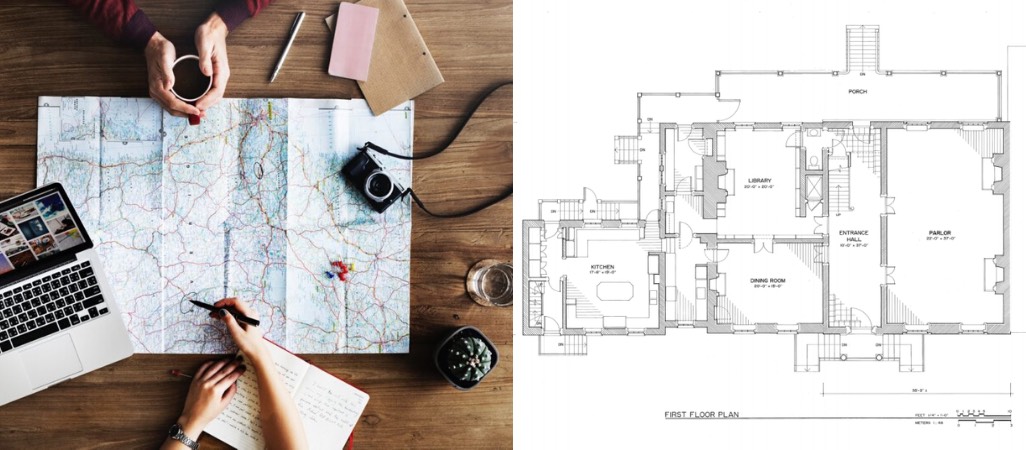 people looking over map and a home blueprint