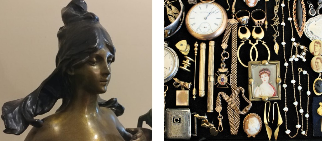 statue and various antique jewelry pieces