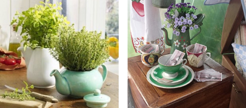 teapots made into vases or plant pots