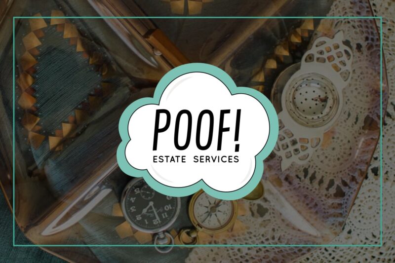 Poof! Estate Services logo overlaying image of watches on vintage platter