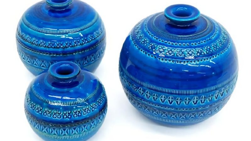 3 blue Bitossi pottery pieces