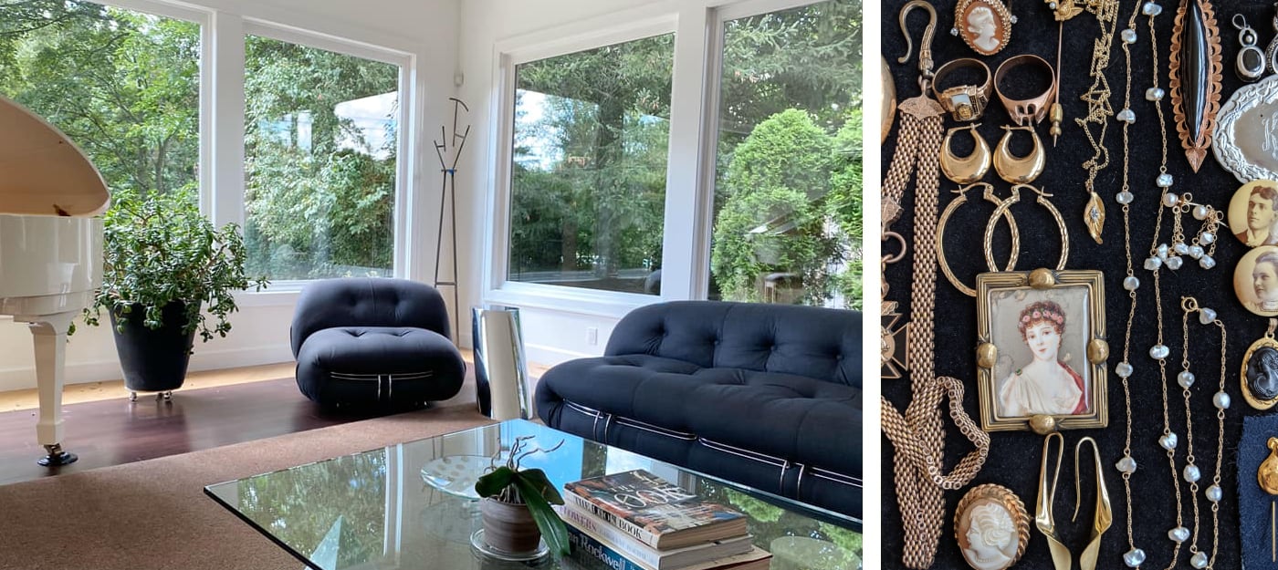 Left: modern living room with large windows. Right: overhead view of jewelry displayed on black velvet.