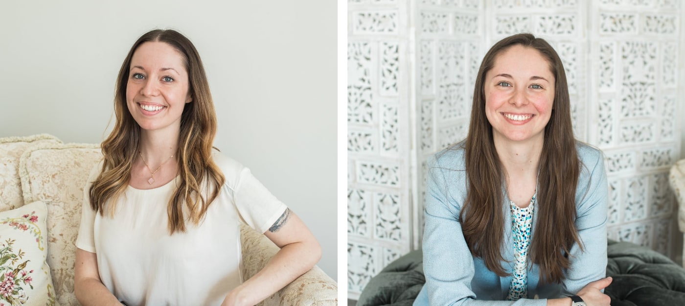 Left: Peggy Ruby, young woman with dark blonde hair in white shirt sitting on sofa. Right: Allison Ruby, young woman with brown hair wearing blue shirt sitting on a chair