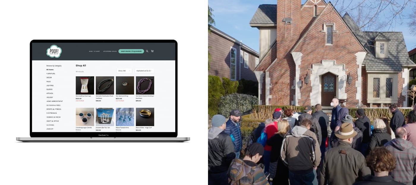 Left: a laptop computer showing a Poof online sale. Right: a crowd of customers waiting outside of home