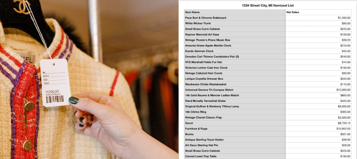 Left: a white Chanel sweater with price tag. Right: an example itemized list of sold items