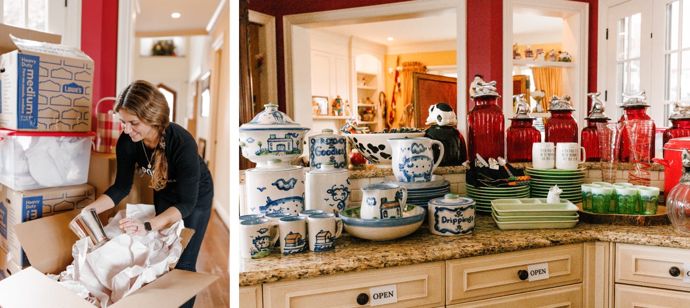 Left: Poof employee unpacks. Right: kitchen items being staged in a kitchen