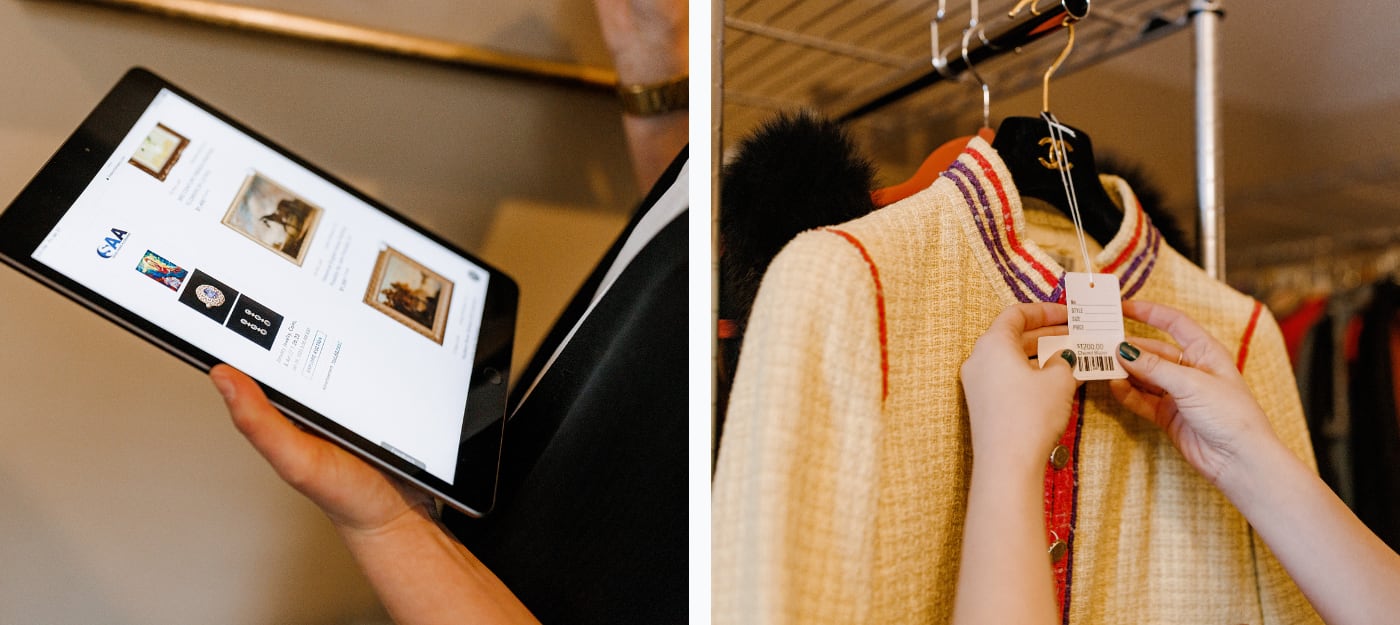 Left: a hand holding a tablet. Right: a hand holding a price tag on a white Chanel sweater