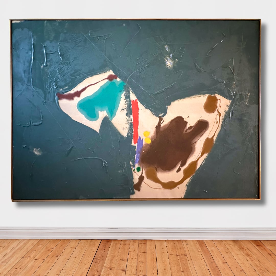 Large abstract painting hanging on a white wall. Floor is light stained pine.