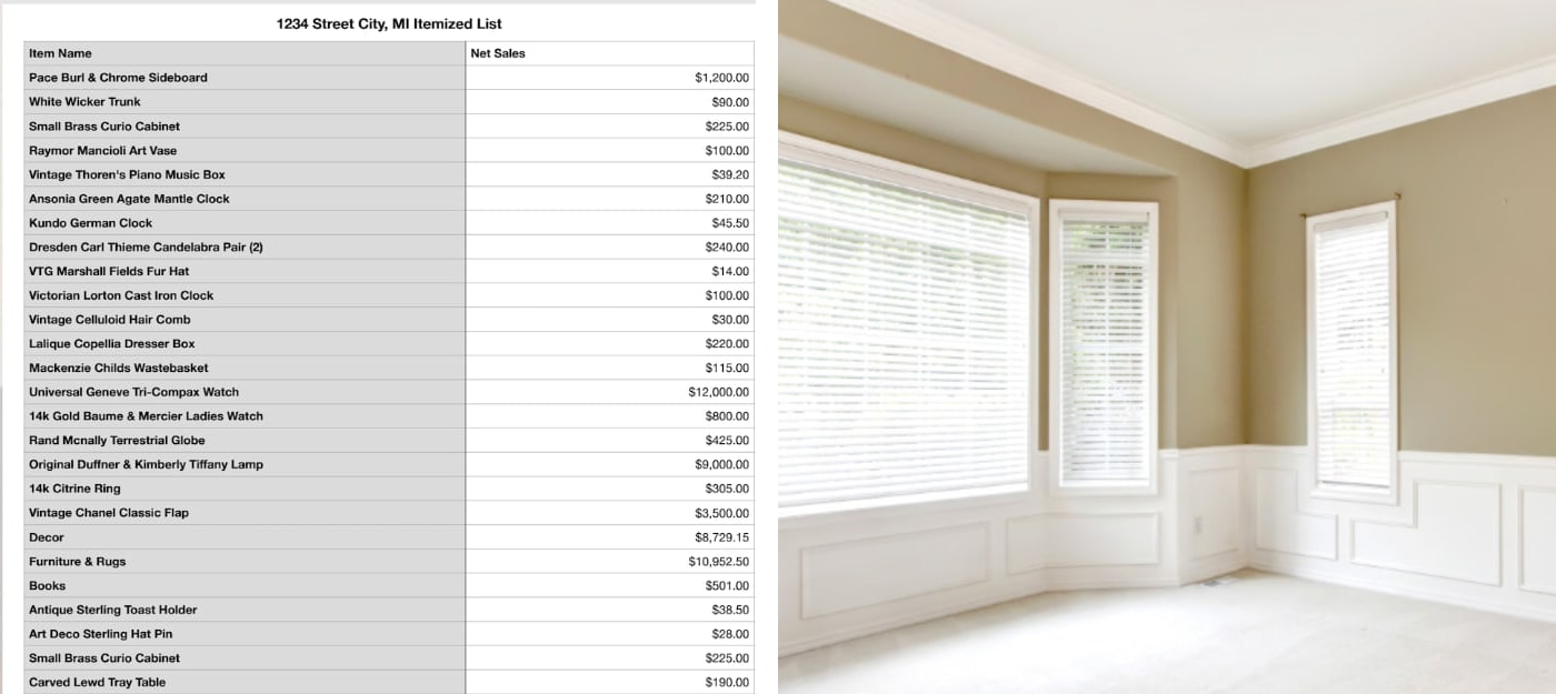 Left: an example itemized list of sold items Right: am empty and clean room in a house